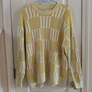 Zara Yellow and White Cable Knit Crew Neck Sweater Size Large